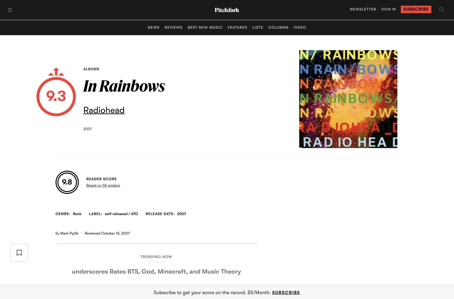 Pitchfork In Rainbows review showing its editorial score above a separately labelled reader score