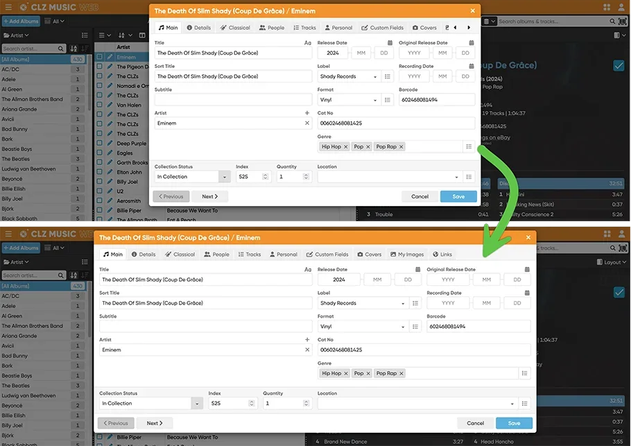 Official comparison of CLZ Music Web editing window before and after widening