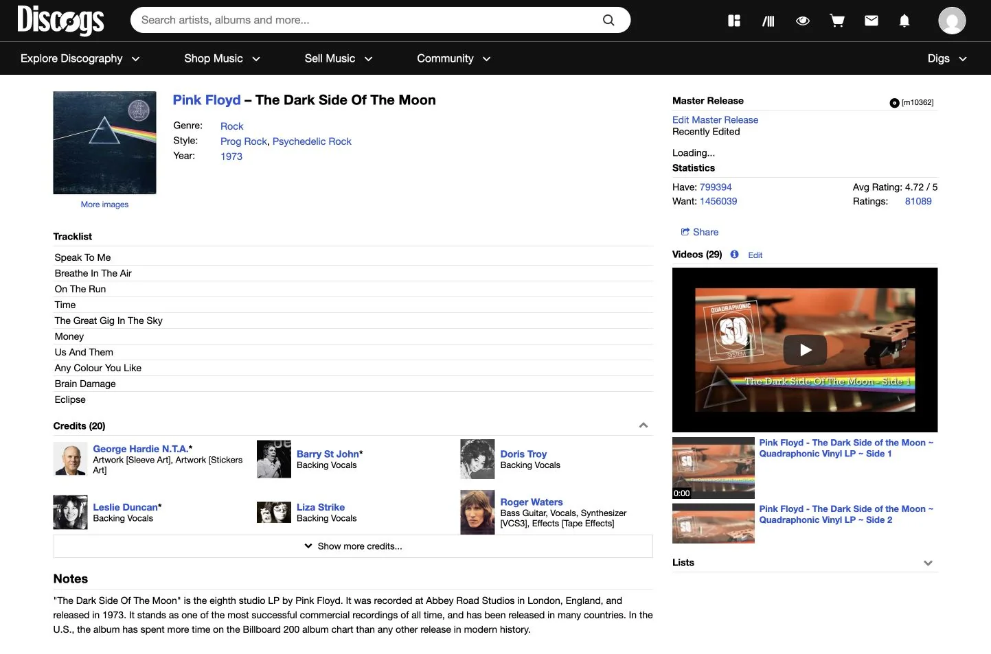 Discogs master page for The Dark Side of the Moon, with average rating and vote count in Statistics