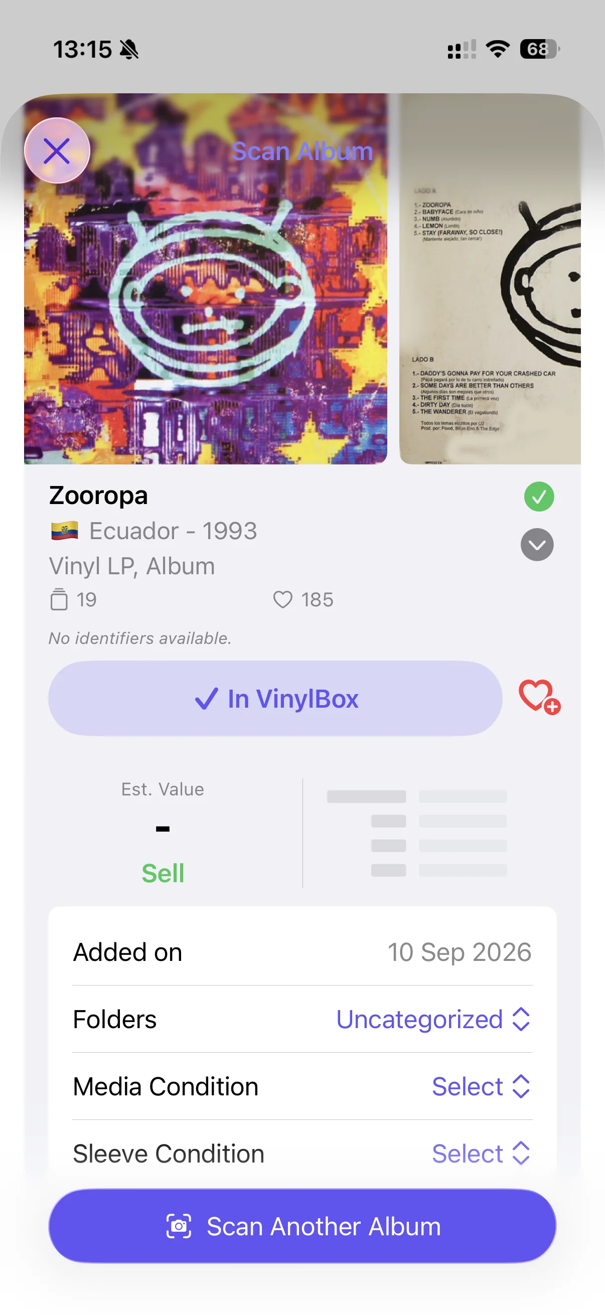 Zooropa release with estimated value, sell and condition controls