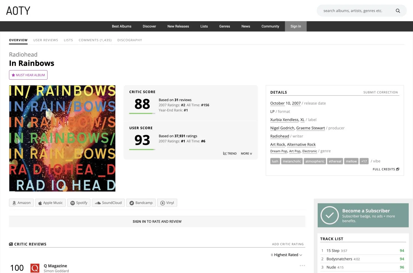 Album of the Year In Rainbows page showing separate critic and user scores with contribution counts