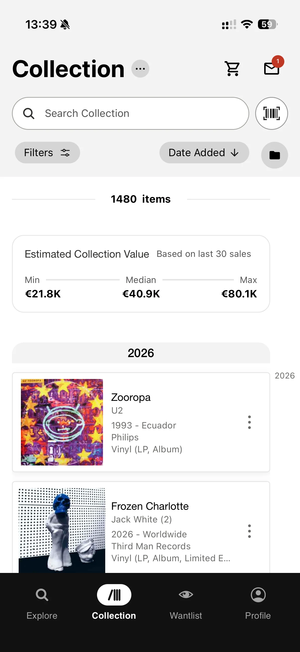 Discogs collection in list view