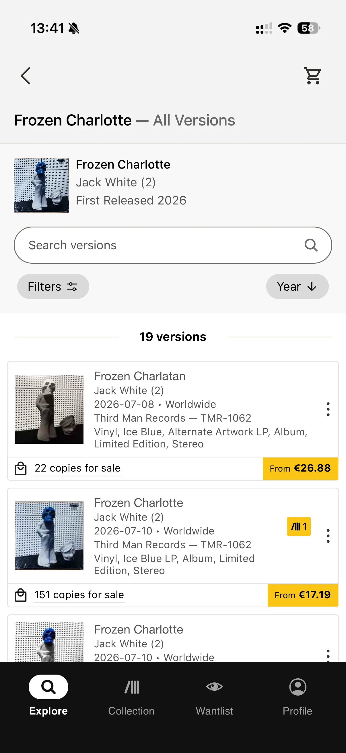 Frozen Charlotte page listing 19 versions