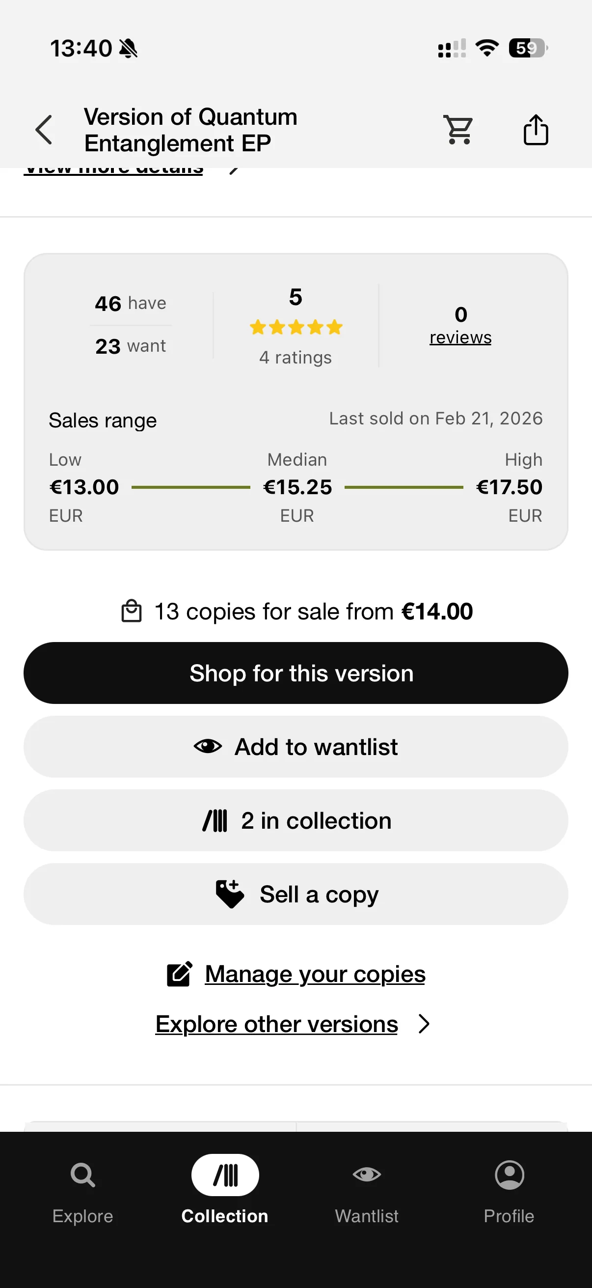 Release page with sales history, shopping and collection controls