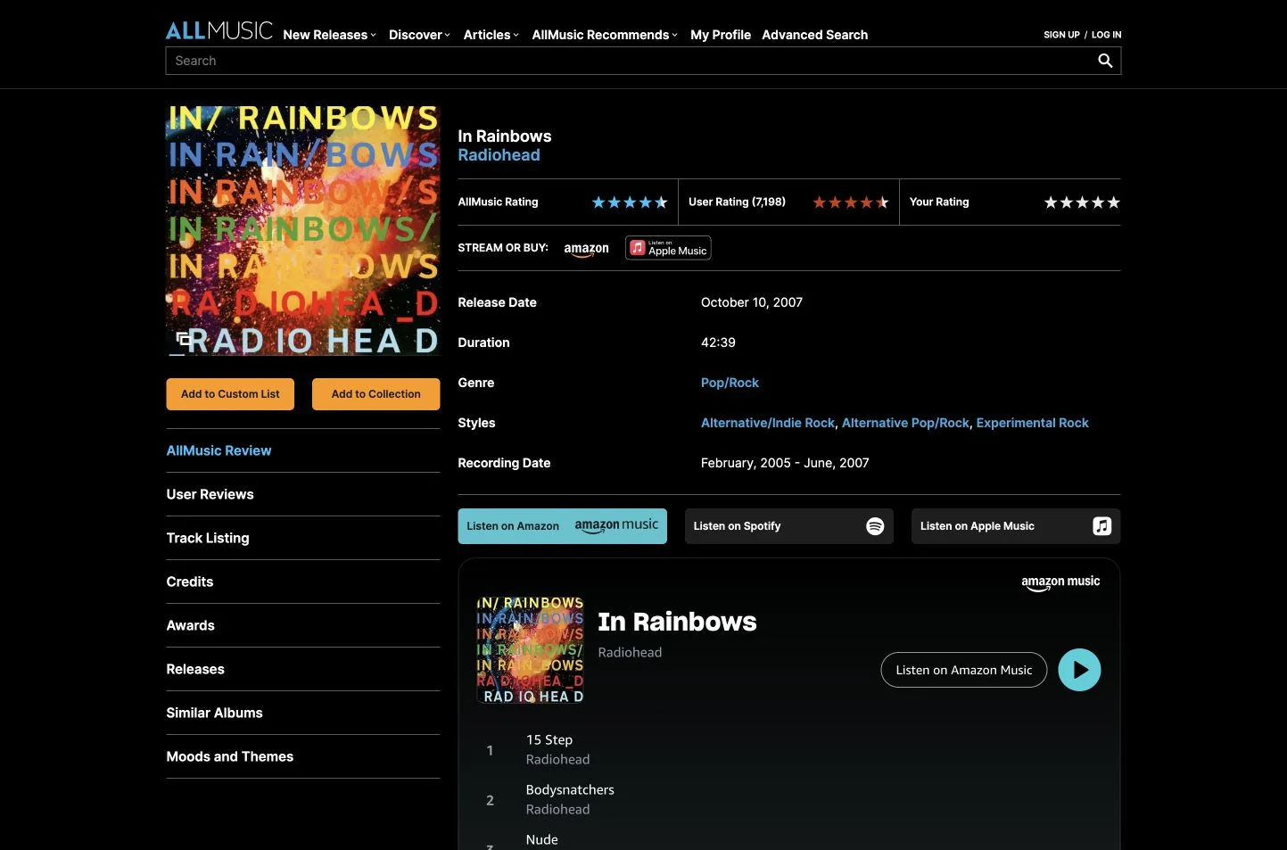 AllMusic In Rainbows page with AllMusic Rating, User Rating and Your Rating shown separately