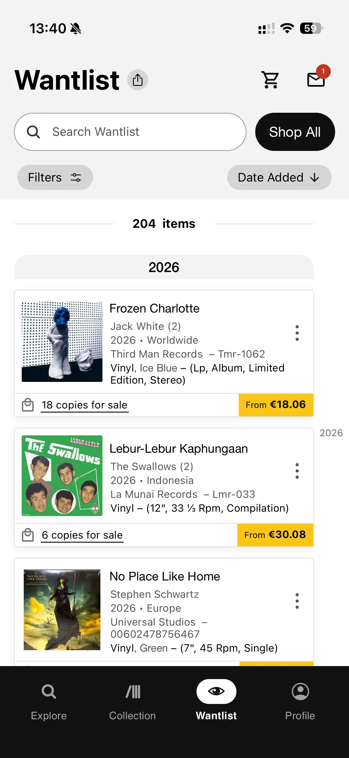 Discogs wantlist with release details and copies for sale