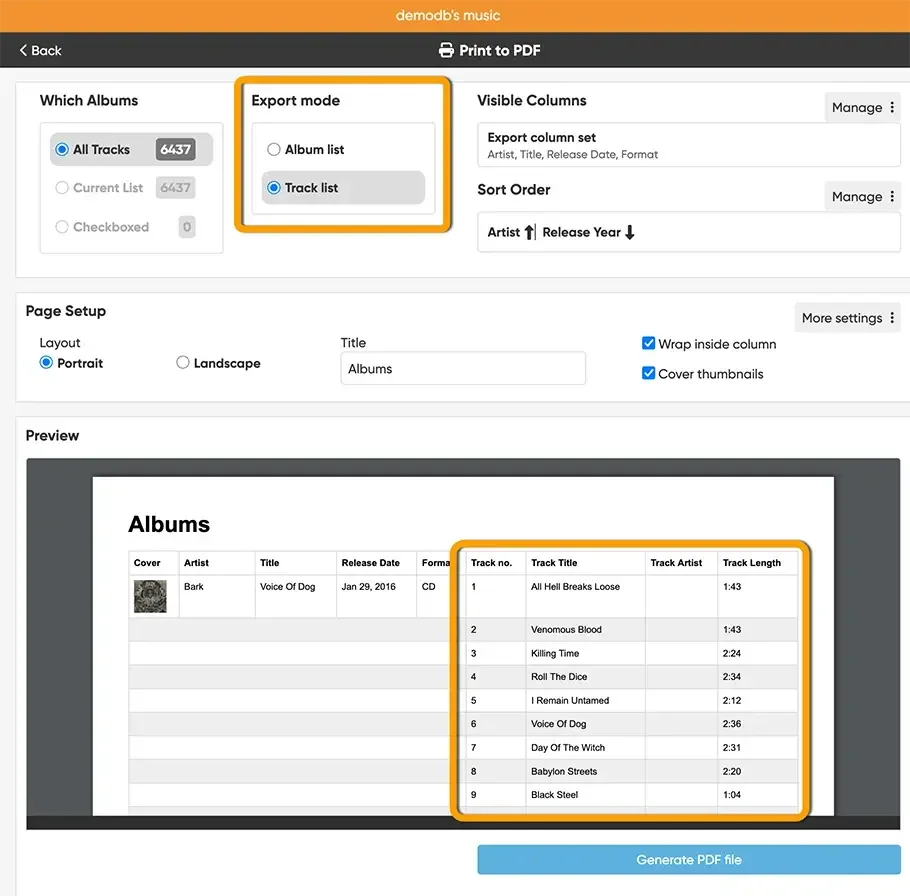 CLZ Music Web track-list PDF export options