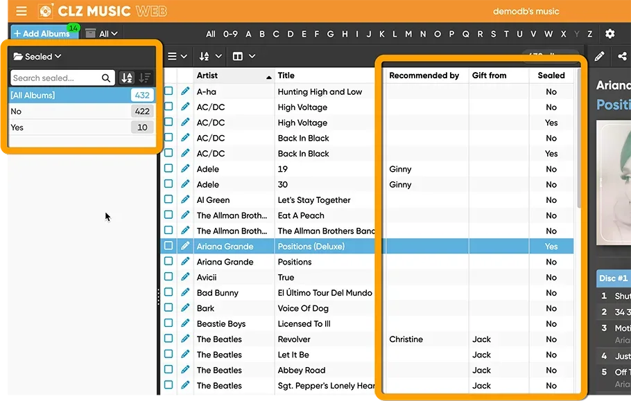 CLZ Music Web with custom columns and a folder panel